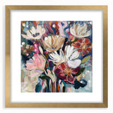 Abstract floral design frame with a gold mat, showcasing vibrant colors and intricate patterns, ideal for enhancing home decor and art collection displays.