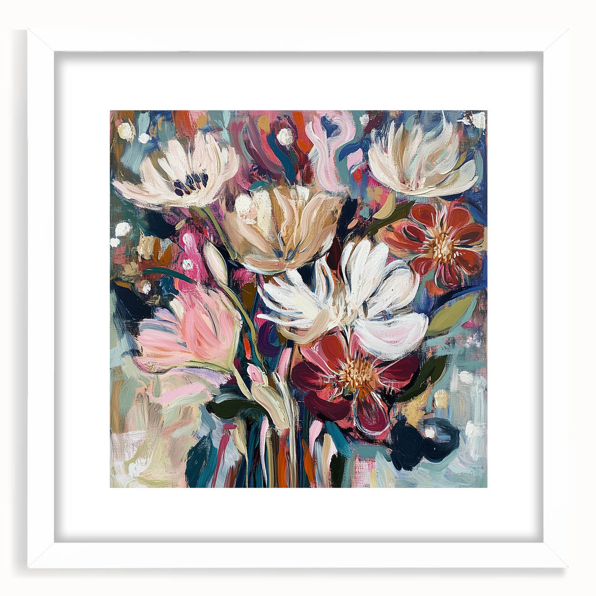 Abstract floral framed artwork featuring vibrant colors and intricate designs, displayed in a white mat, perfect for enhancing home decor and aesthetic appeal.
