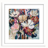 Abstract floral framed artwork featuring vibrant colors and intricate designs, displayed in a white mat, perfect for enhancing home decor and aesthetic appeal.