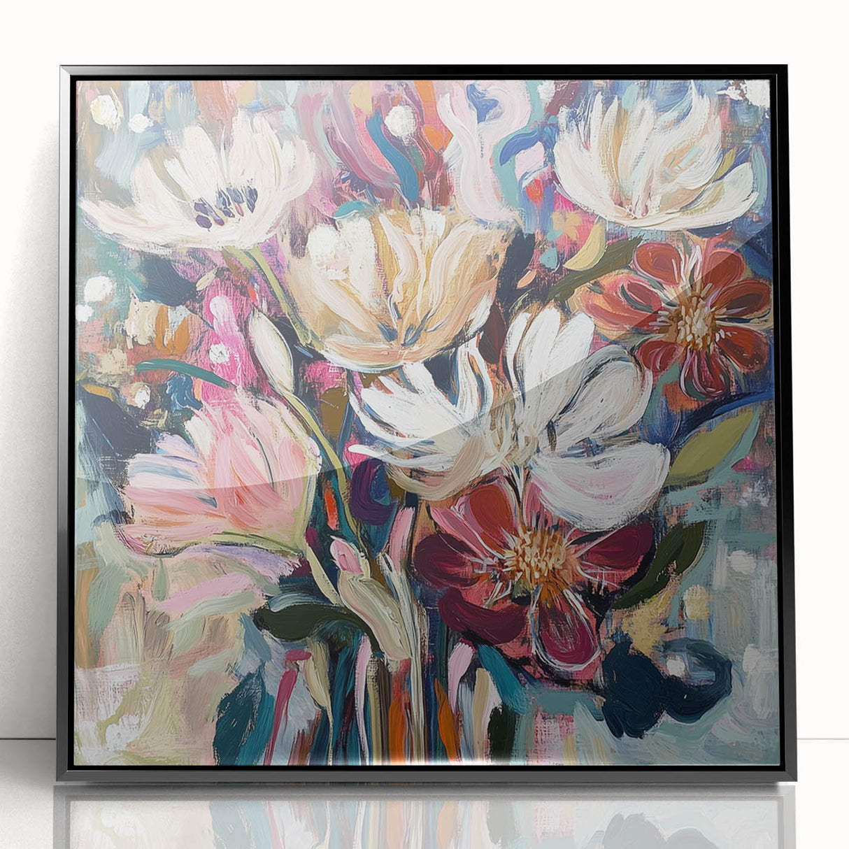 Framed acrylic wall art showcasing an abstract floral design in vibrant colors, set against a sleek black frame, ideal for modern home decor.