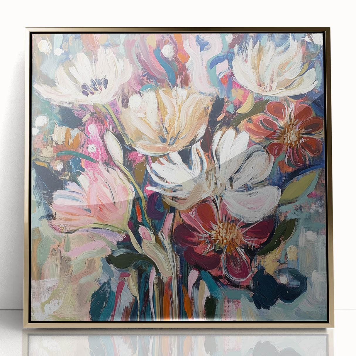 Framed acrylic artwork showcasing vibrant abstract florals in gold tones, set against a sleek white background, ideal for modern home decor.