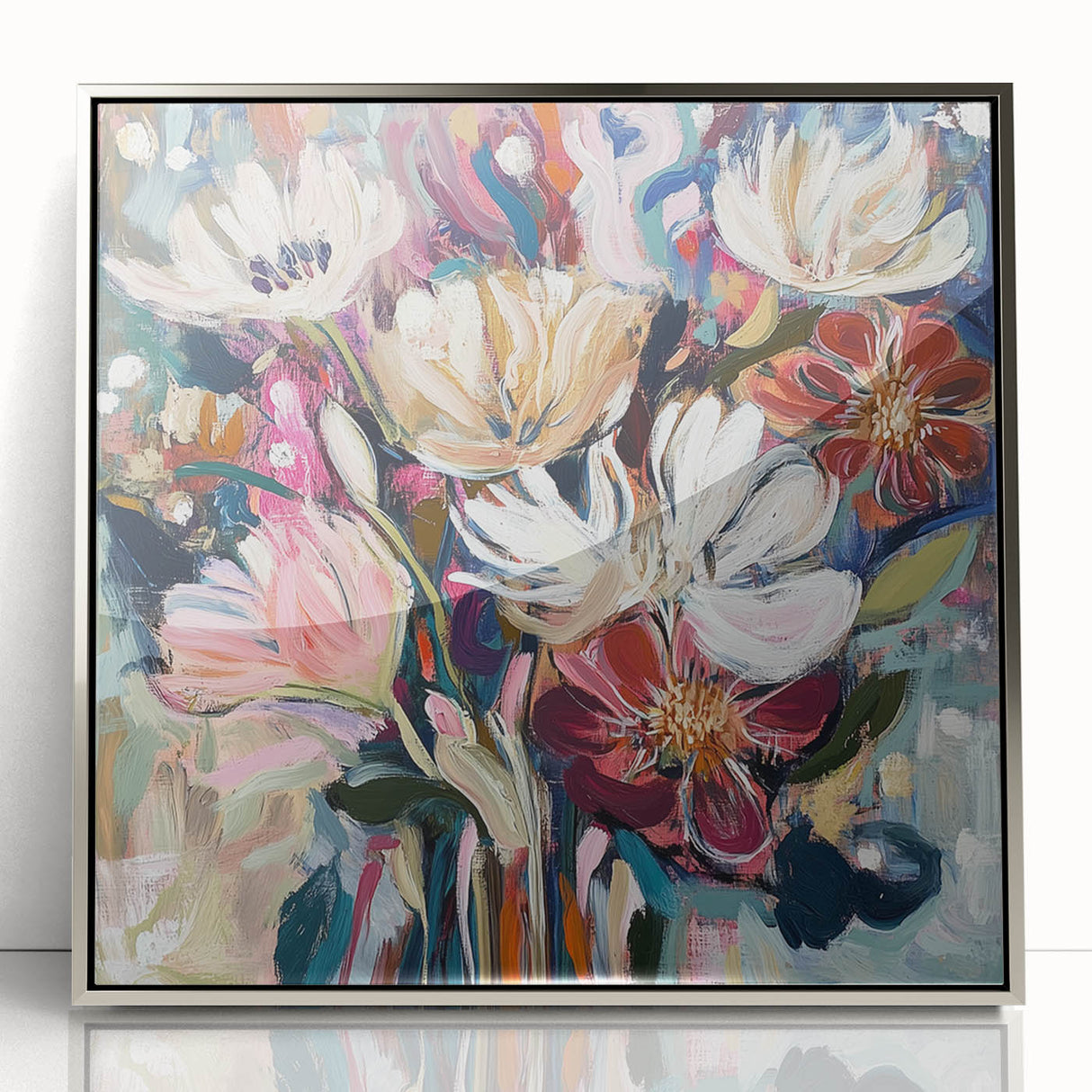 Framed acrylic artwork featuring an abstract floral design in vibrant colors, set in a sleek silver frame, perfect for modern home decor.