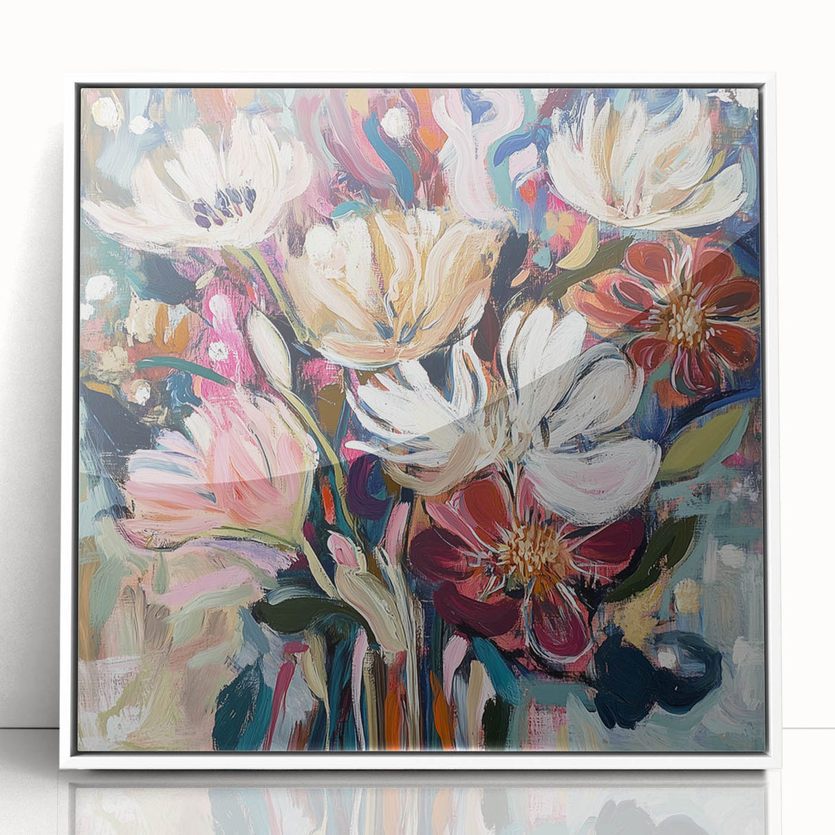 Abstract floral framed acrylic artwork displaying vibrant colors and unique patterns, perfect for modern home decor. The piece features a sleek white frame, enhancing its contemporary aesthetic, ideal for brightening any living space or office environment.