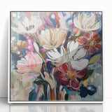 Abstract floral framed acrylic artwork displaying vibrant colors and unique patterns, perfect for modern home decor. The piece features a sleek white frame, enhancing its contemporary aesthetic, ideal for brightening any living space or office environment.