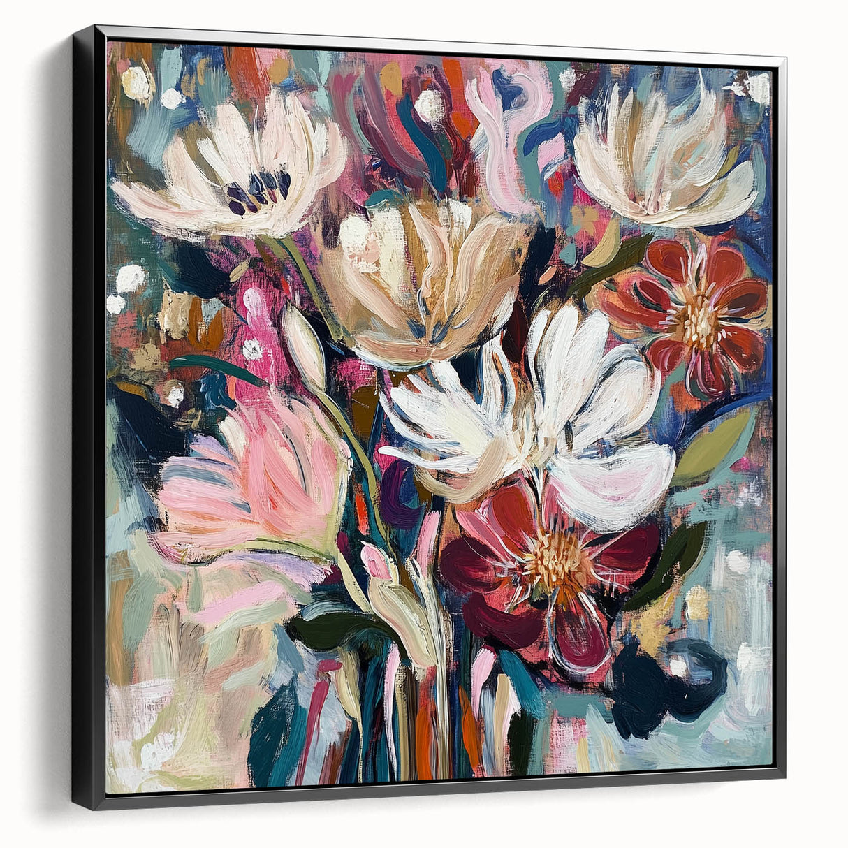 Framed abstract floral canvas art showcasing vibrant colors and intricate designs, set against a sleek black frame, ideal for modern home decor.