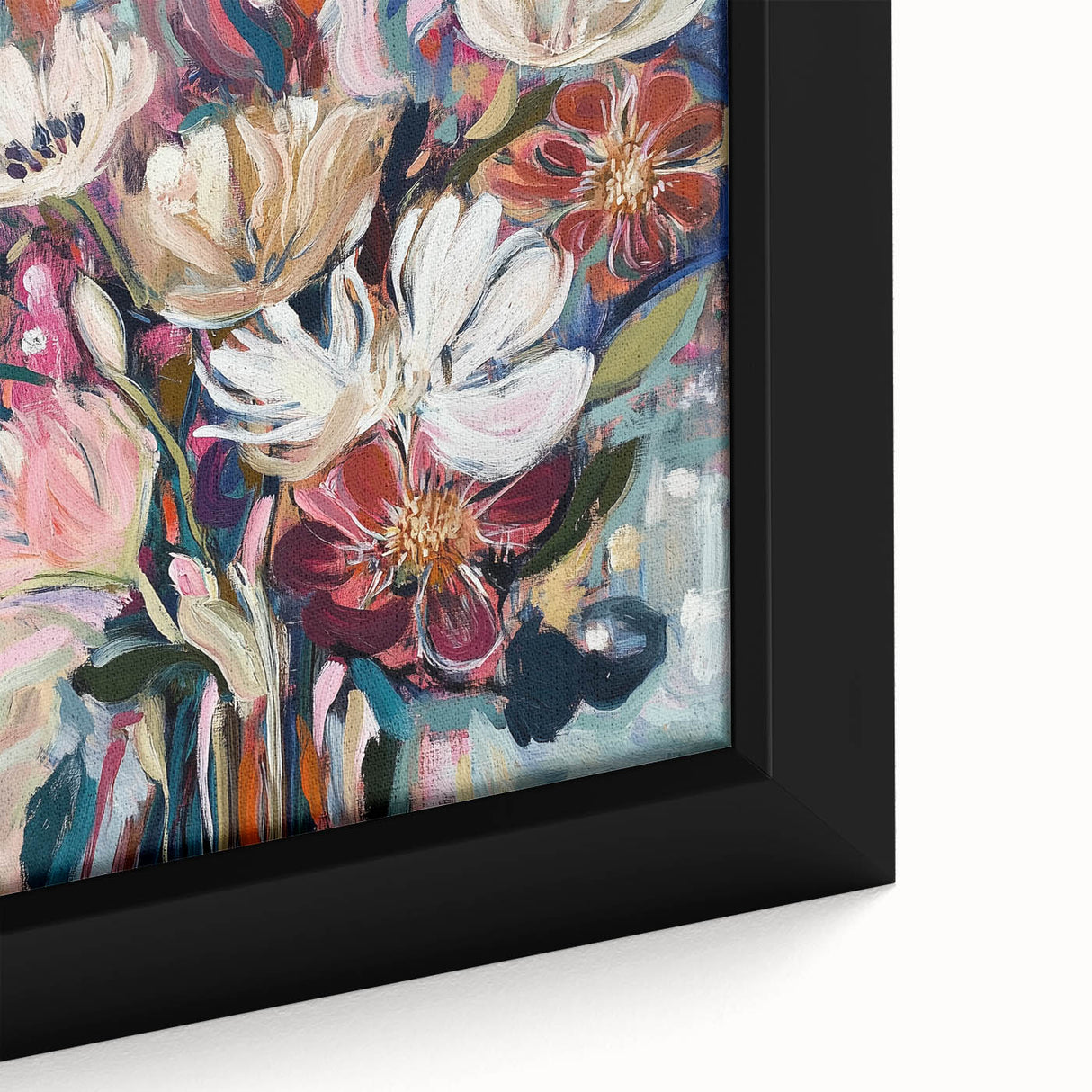 Close-up of an abstract floral framed canvas featuring vibrant colors including pinks, blues, and greens, showcasing intricate details and textures ideal for modern home decor.