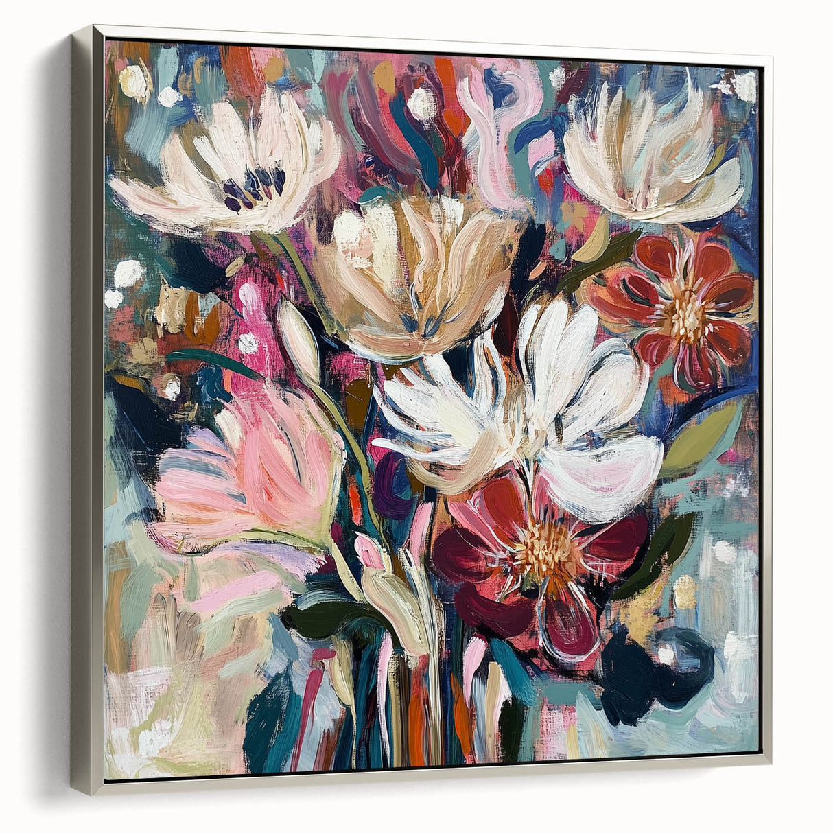 Framed abstract floral canvas artwork in silver, showcasing vibrant colors and intricate details, perfect for modern home decor and enhancing any interior space.