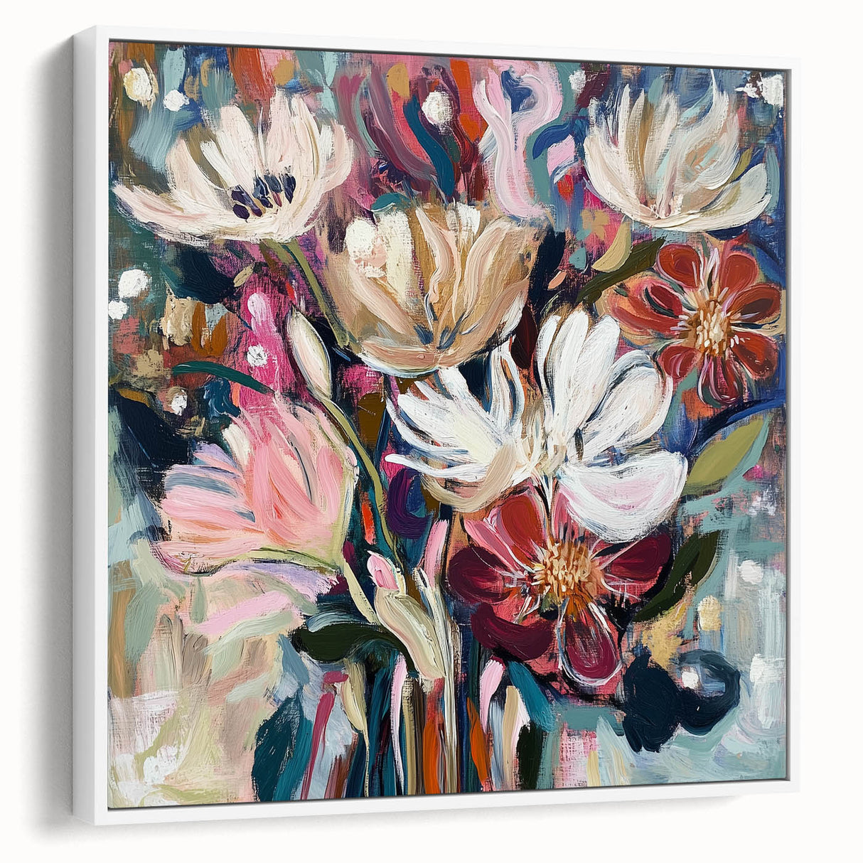 Framed canvas art showcasing an abstract floral design with vibrant colors on a white background, viewed from the side to highlight depth and texture. Perfect for modern home decor or as a stylish gift.