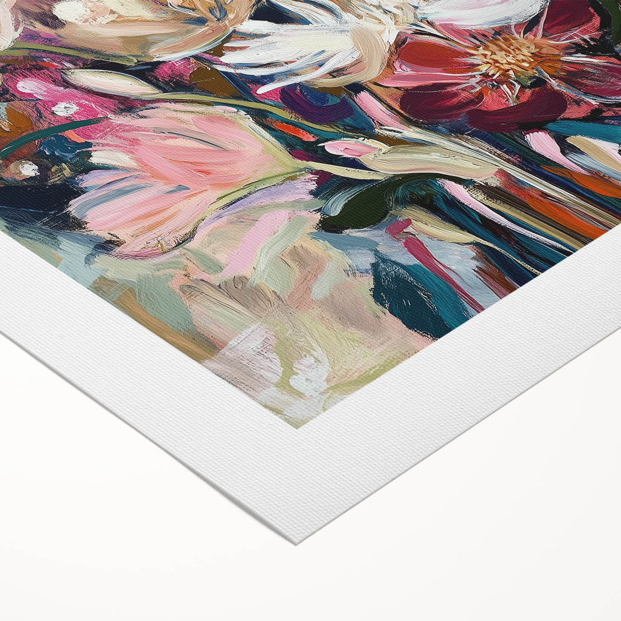 Abstract floral design on rolled canvas, showcasing vibrant colors and intricate patterns, ideal for modern home decor. Packaged securely in a durable tube for protection during shipping.