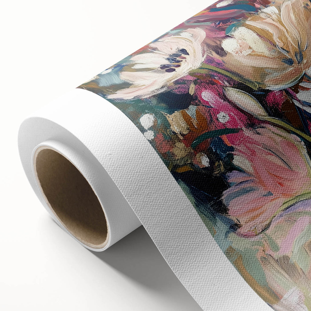 Abstract floral wall art on rolled canvas, showcasing vibrant colors and intricate designs, perfect for home decor or art enthusiasts, delivered in a protective cardboard tube.