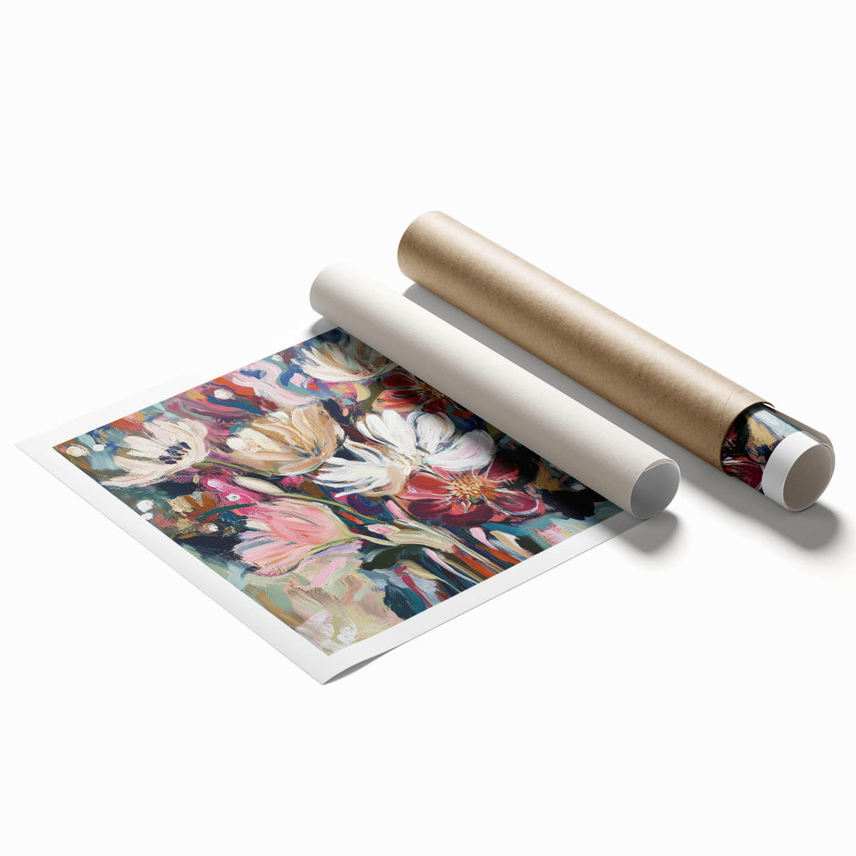 Abstract floral design rolled print featuring vibrant colors in a modern art style, elegantly packaged in a protective cardboard tube, ideal for home decor.