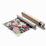 Abstract floral design rolled print featuring vibrant colors in a modern art style, elegantly packaged in a protective cardboard tube, ideal for home decor.