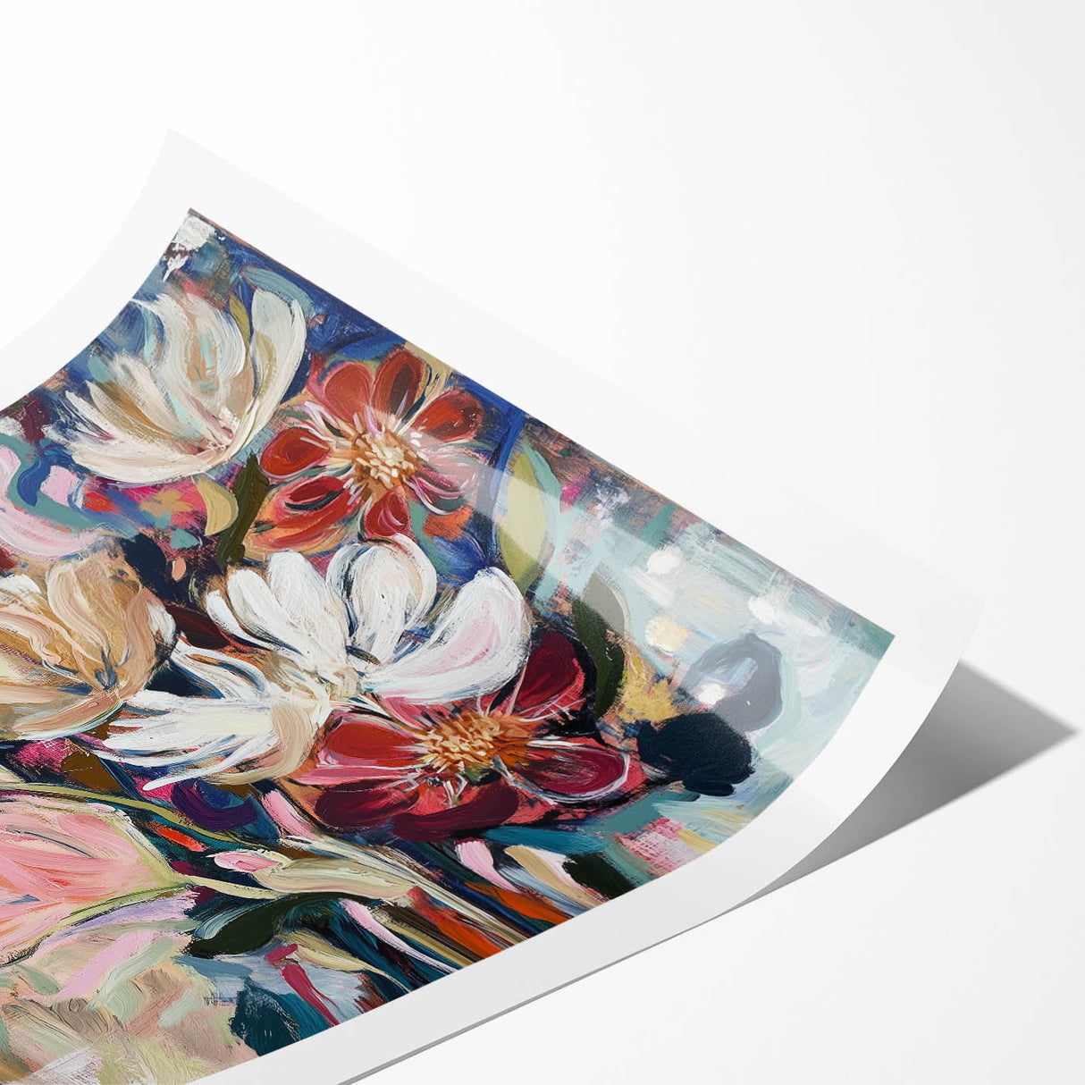 Abstract floral print on rolled canvas, showcasing vibrant colors of pink, blue, and green, ideal for modern home decor. Packaged securely in a cardboard tube for safe shipping.