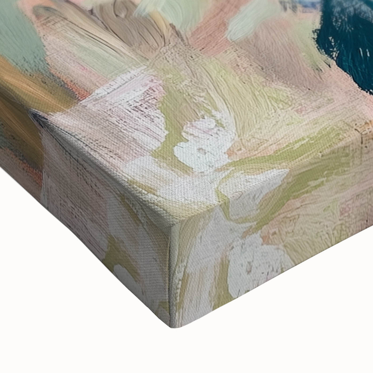Close-up of an abstract floral stretched canvas artwork showcasing vibrant colors and intricate details, perfect for modern home decor. Ideal for enhancing interior spaces with a touch of elegance and creativity.
