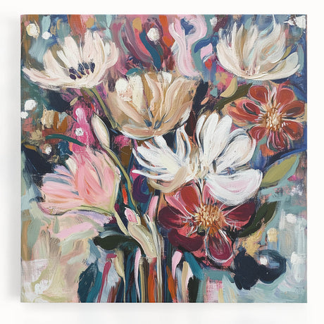 Abstract floral stretched canvas artwork showcasing vibrant colors and intricate designs, perfect for modern home decor. Ideal for adding a touch of elegance to any room.