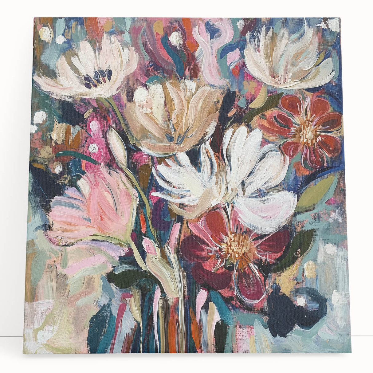 Vibrant abstract floral canvas artwork showcasing bold colors and intricate patterns, elegantly leaning against a neutral wall, ideal for modern home decor.