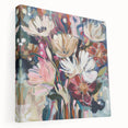 Abstract floral stretched canvas artwork showcasing vibrant colors and intricate patterns, presented in a side view to highlight its depth and texture, perfect for modern home decor.