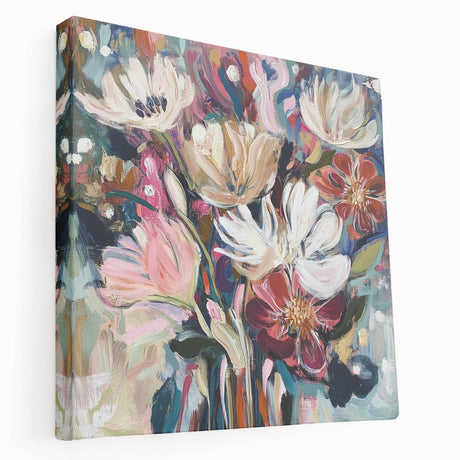 Abstract floral stretched canvas artwork showcasing vibrant colors and intricate patterns, presented in a side view to highlight its depth and texture, perfect for modern home decor.