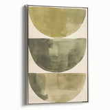 Framed minimalist abstract wall art featuring a sleek silver frame, showcasing geometric shapes and muted colors, perfect for modern home decor.