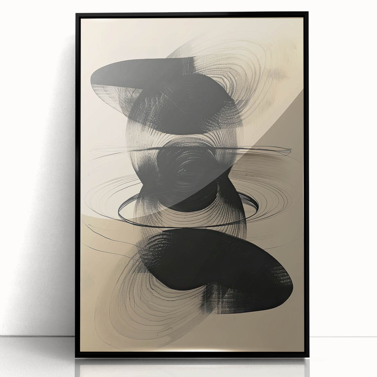 Framed minimalist black abstract wall art piece displayed from the front, showcasing sleek lines and modern design, ideal for contemporary home decor.