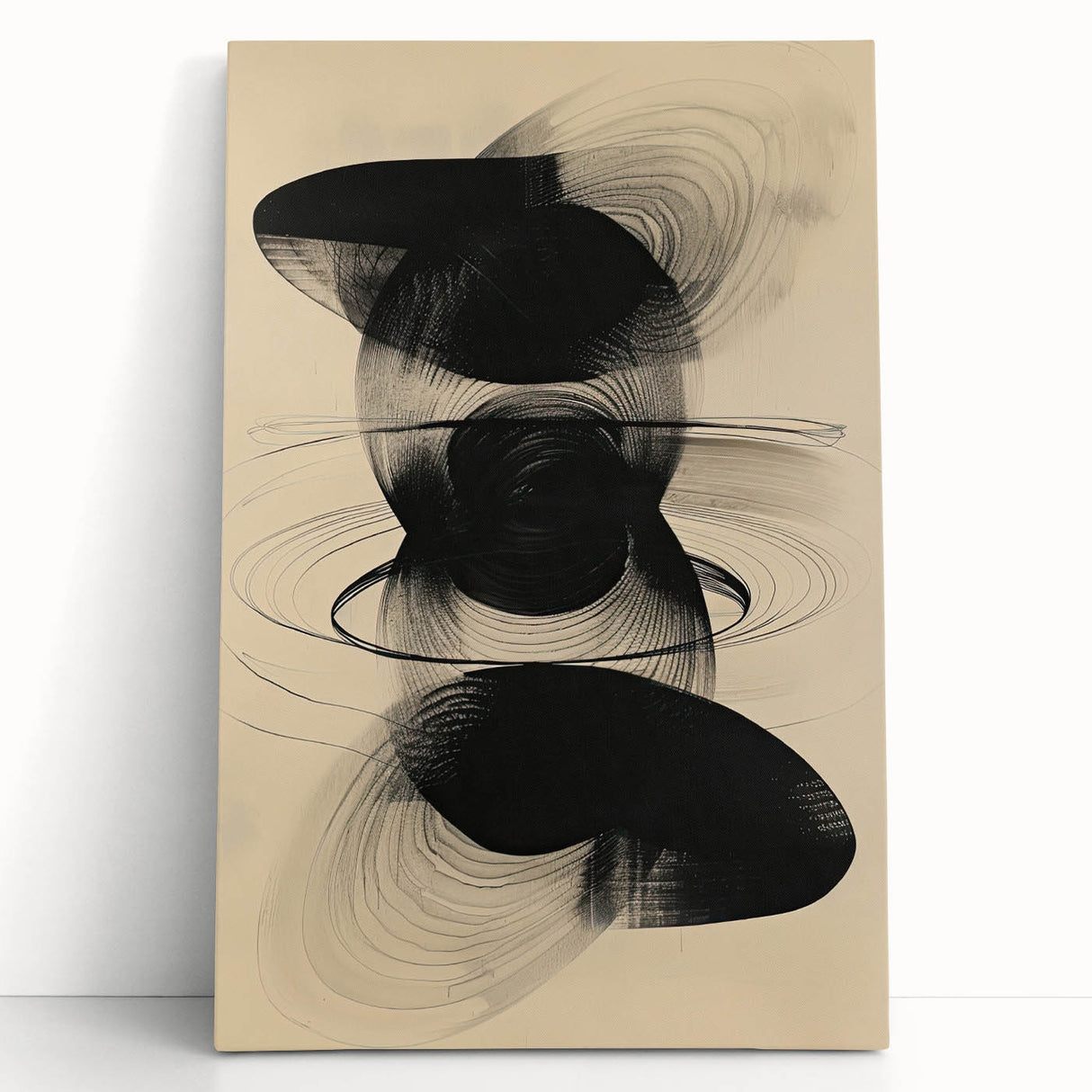 Abstract minimalist wall art on stretched canvas, featuring soft pastel colors and geometric shapes, leaning against a white wall, ideal for modern home decor.
