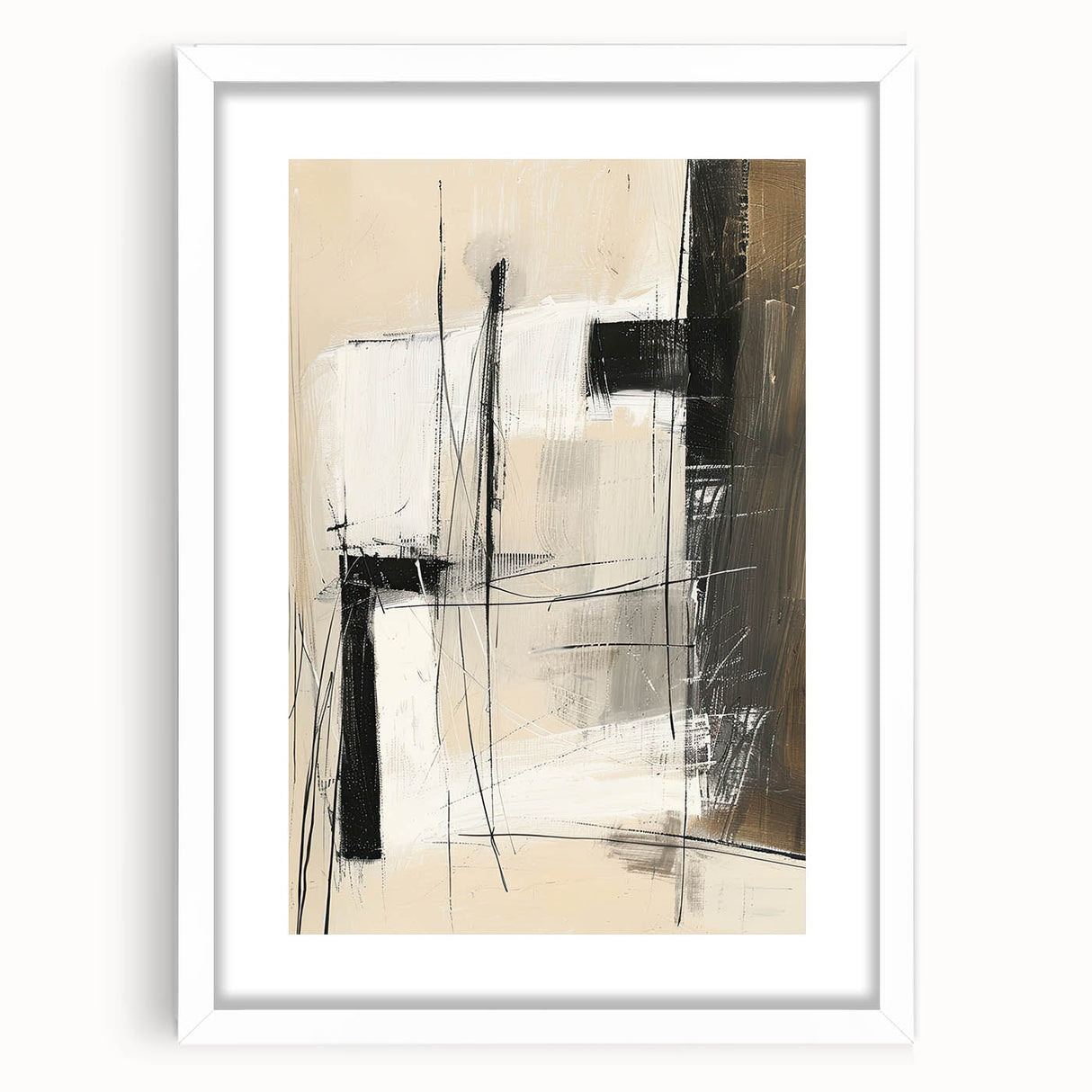 Abstract minimalist wall art framed in white, showcasing geometric shapes and soft pastel colors, ideal for modern interior decor.
