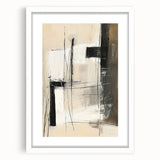 Abstract minimalist wall art framed in white, showcasing geometric shapes and soft pastel colors, ideal for modern interior decor.