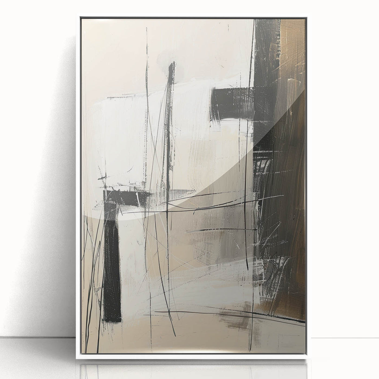 Abstract minimalist wall art framed in white acrylic, showcasing soft geometric shapes in muted tones, perfect for modern home decor or office settings.