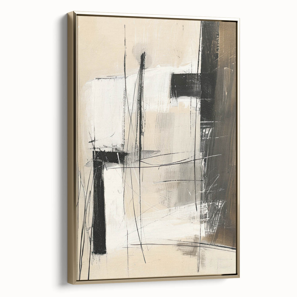 Framed abstract minimalist wall art featuring a gold design, displayed in a side view on a sleek surface, ideal for modern home decor and interior design aesthetics.