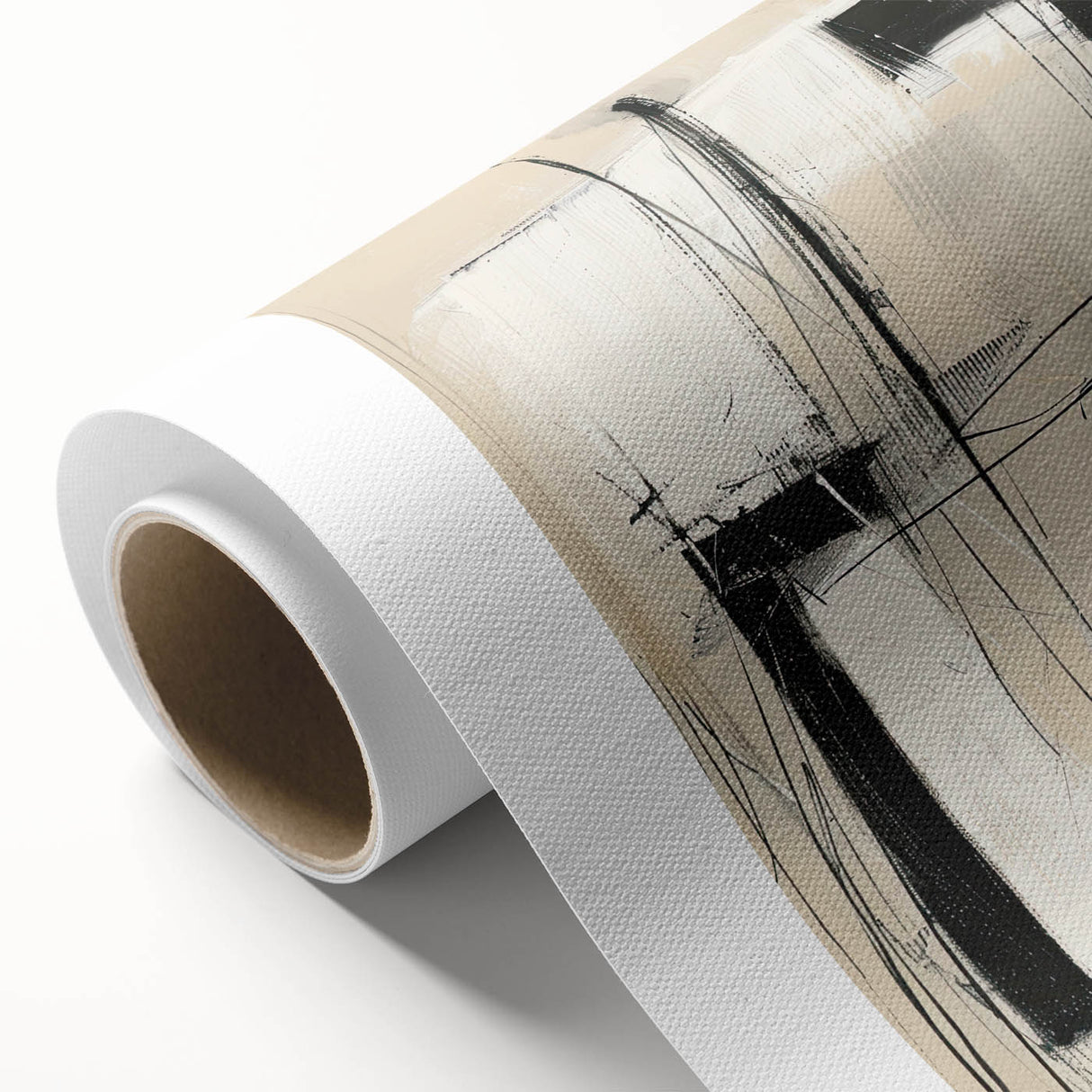 Abstract minimalist wall art on rolled canvas, showcasing soft pastel colors and geometric shapes, ideal for modern home decor, securely packaged in a protective tube.