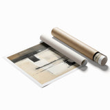 Minimalist abstract wall art print in soft earth tones, showcasing fluid shapes and textures, rolled and ready for framing, displayed in a protective cardboard tube.