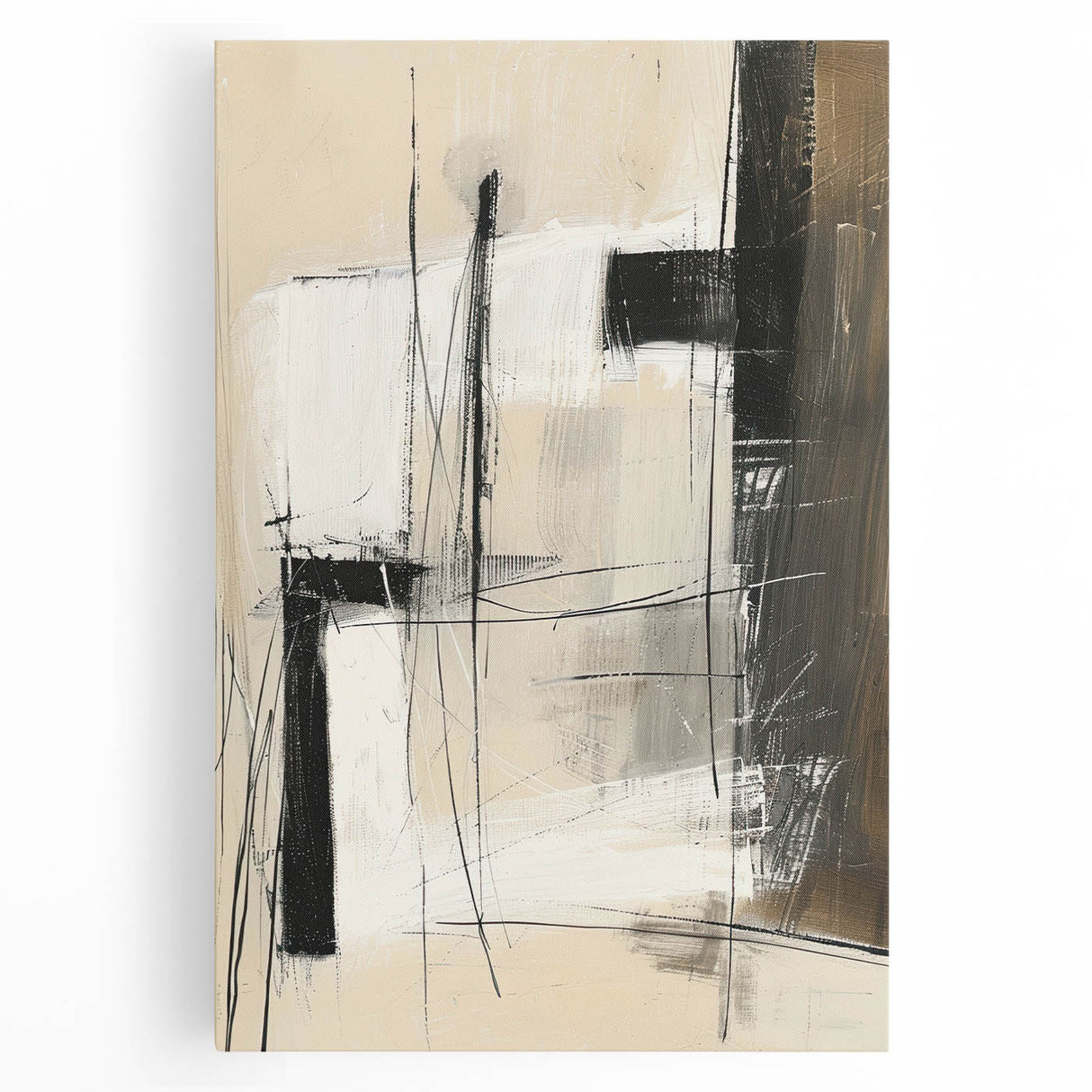 Abstract minimalist wall art on stretched canvas showcases a blend of soft colors and geometric shapes, enhancing modern decor with its elegant design.