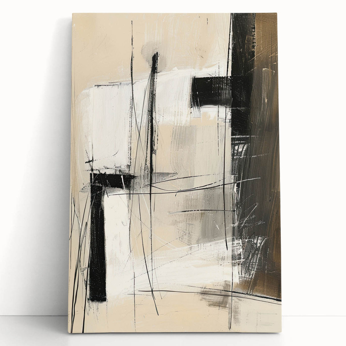 Abstract minimalist wall art print on stretched canvas, featuring soft pastel colors and geometric shapes, leaning against a neutral wall in a bright room.