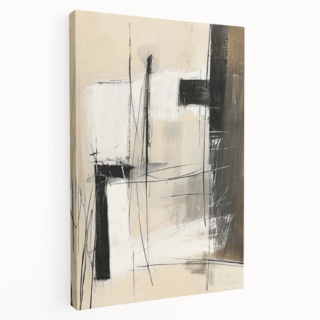 Abstract minimalist wall art on stretched canvas showcasing soft earth tones and geometric shapes. Side view highlights the canvas texture and depth.
