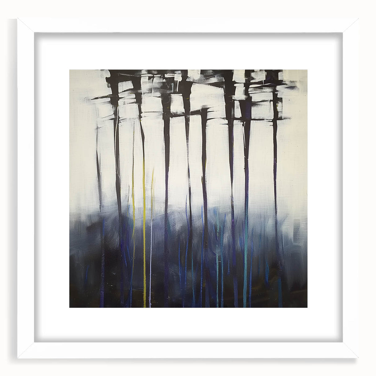 Abstract floral wall art framed in white matting, showcasing vibrant colors and intricate designs, ideal for modern home decor. The piece adds a refreshing touch to any space, perfect for art enthusiasts and interior design lovers.