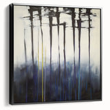 Abstract floral design on a framed canvas featuring vibrant colors and intricate patterns, displayed in a sleek black frame, ideal for modern home decor.