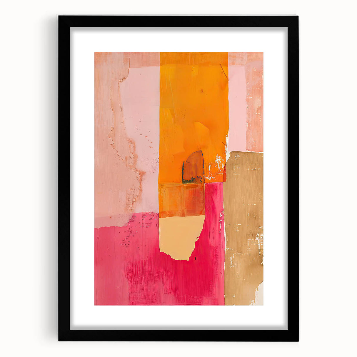 Abstract minimalist wall art framed in black with a white mat, showcasing geometric shapes and soft colors, perfect for modern home decor.