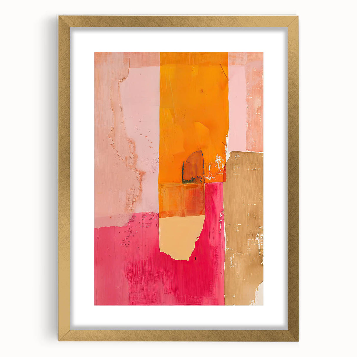 Abstract minimalist wall art framed in gold, showcasing geometric shapes and soft earthy tones, perfect for enhancing modern interior decor.