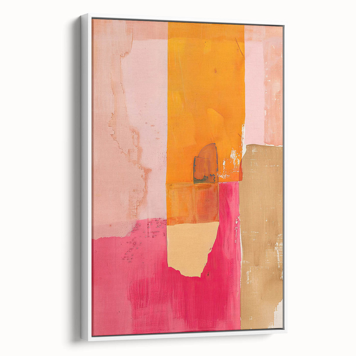 Framed abstract minimalist wall art in a sleek white design, showcasing gentle curves and shapes, perfect for modern decor in a bright living room or office setting.