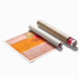 Abstract minimalist wall art print featuring soft pastel colors and geometric shapes, elegantly rolled and packaged in a protective cardboard tube for delivery.