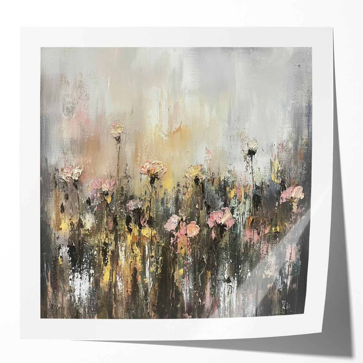 Vibrant abstract floral art print displayed in a glossy frame, showcasing a harmonious blend of colors and intricate patterns, ideal for modern home decor.