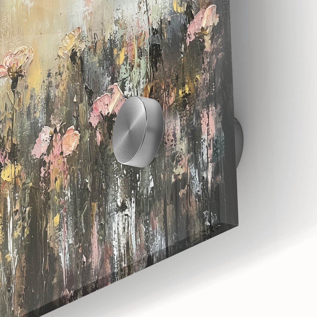 Close-up of vibrant abstract floral acrylic artwork on glass, showcasing intricate details and a blend of colors, ideal for modern home decor and art enthusiasts.