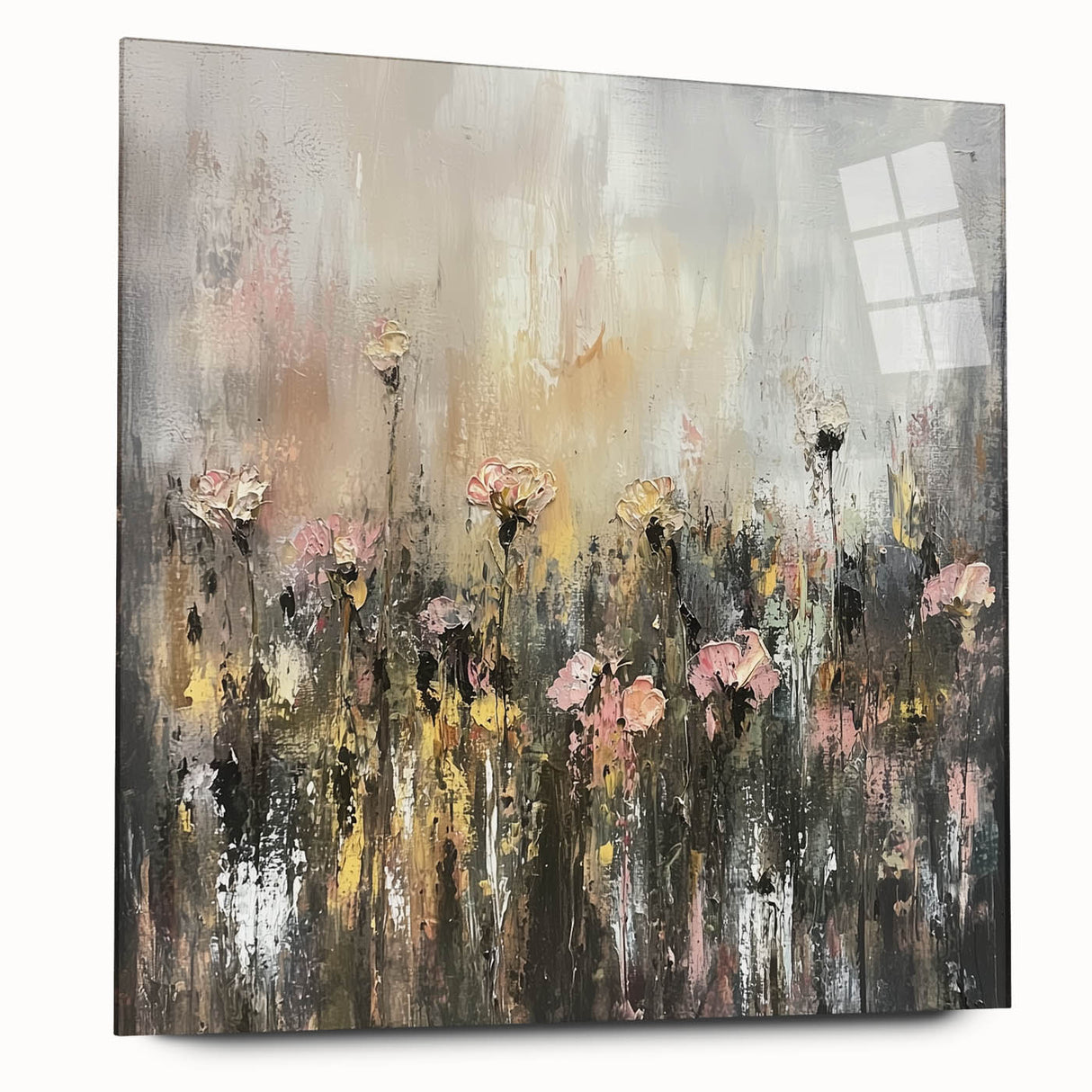 Abstract floral acrylic artwork displayed in a side view, showcasing vibrant colors and intricate details. Perfect for modern home decor or artistic wall displays.