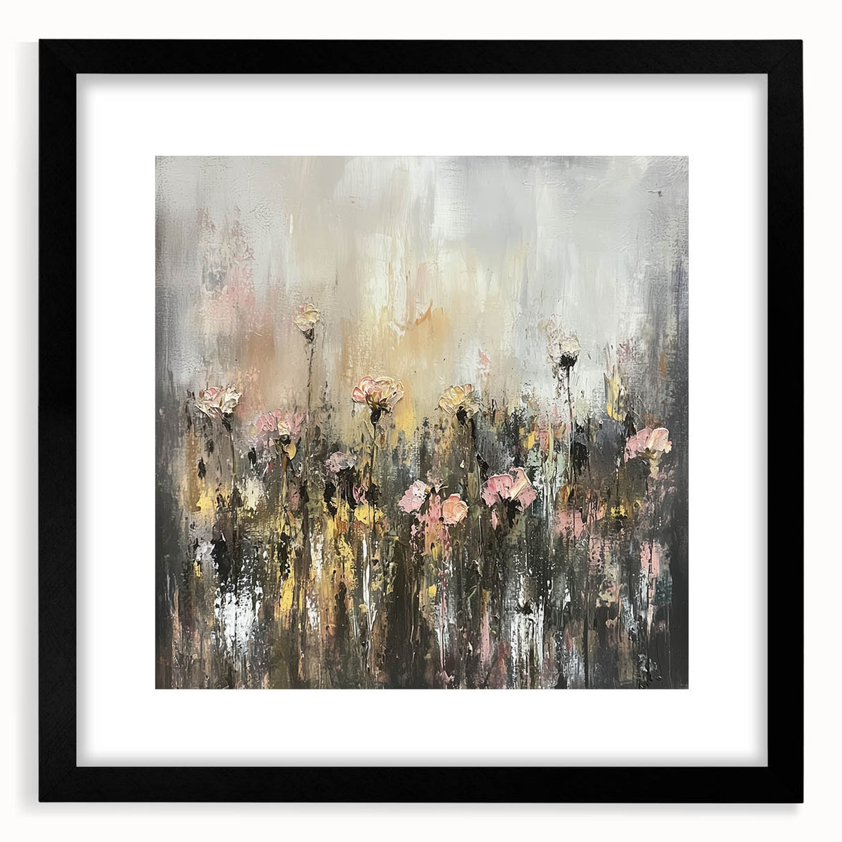 Abstract floral frame art piece featuring vibrant colors and intricate designs, displayed with a black mat, ideal for modern home decor or artwork enhancement.