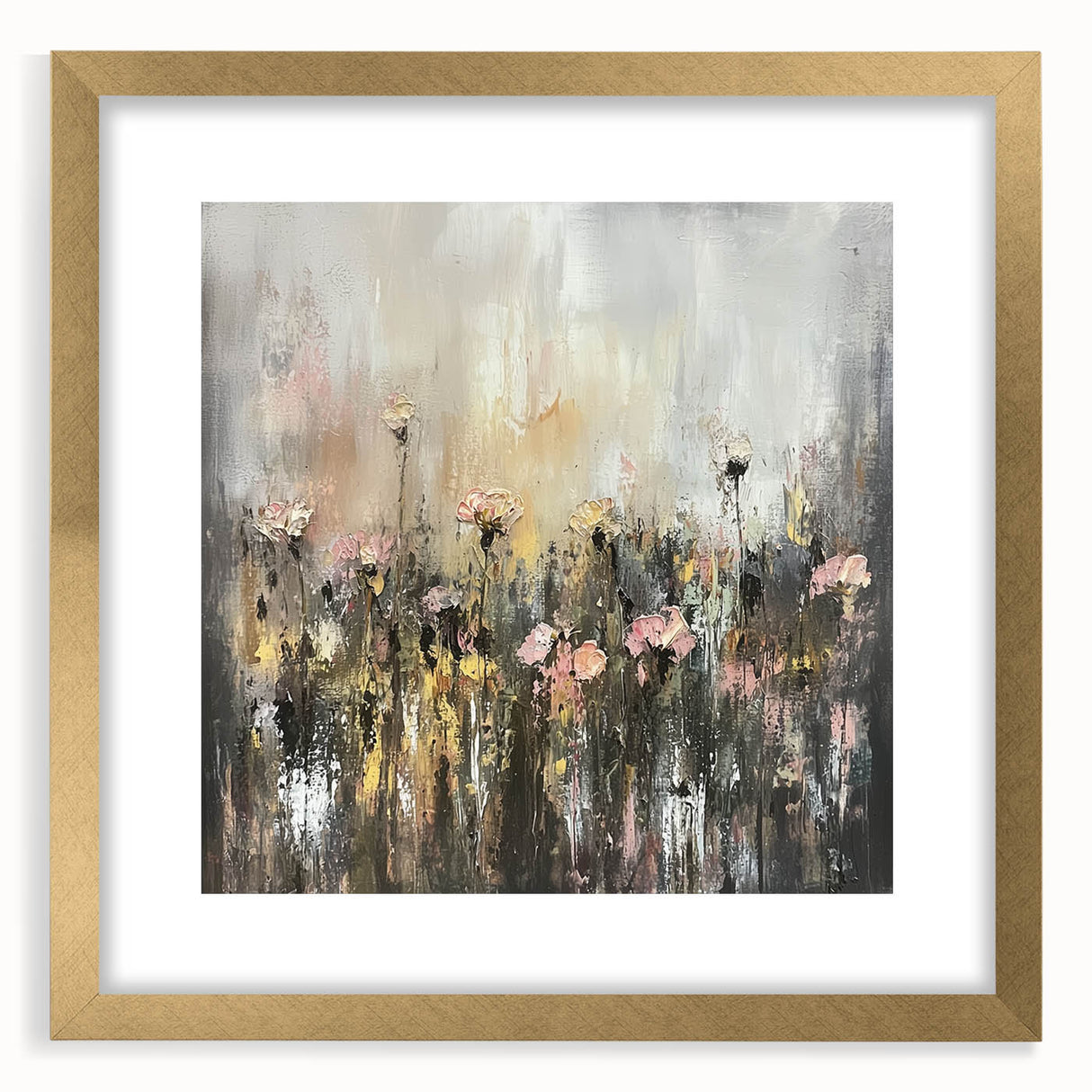 Golden-framed abstract floral artwork with a matte finish, showcasing vibrant colors and intricate details. Perfect for home decor or gallery display.