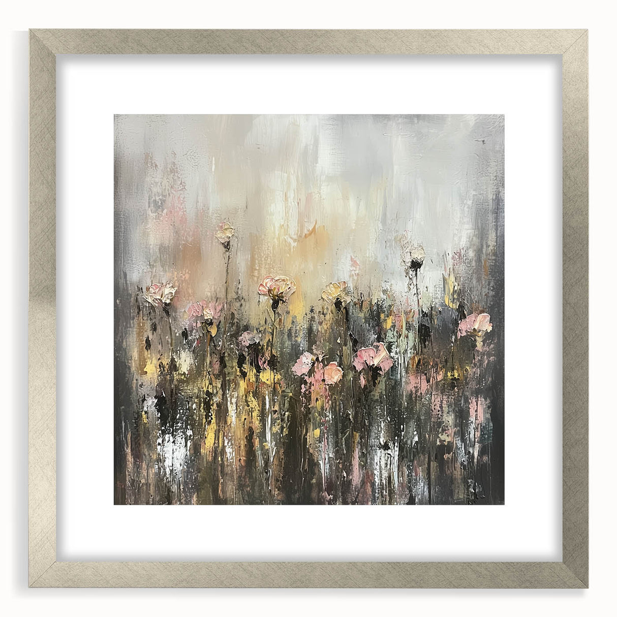 Abstract floral art print framed in silver, featuring vibrant colors and intricate patterns, perfect for home decor or modern art exhibitions.