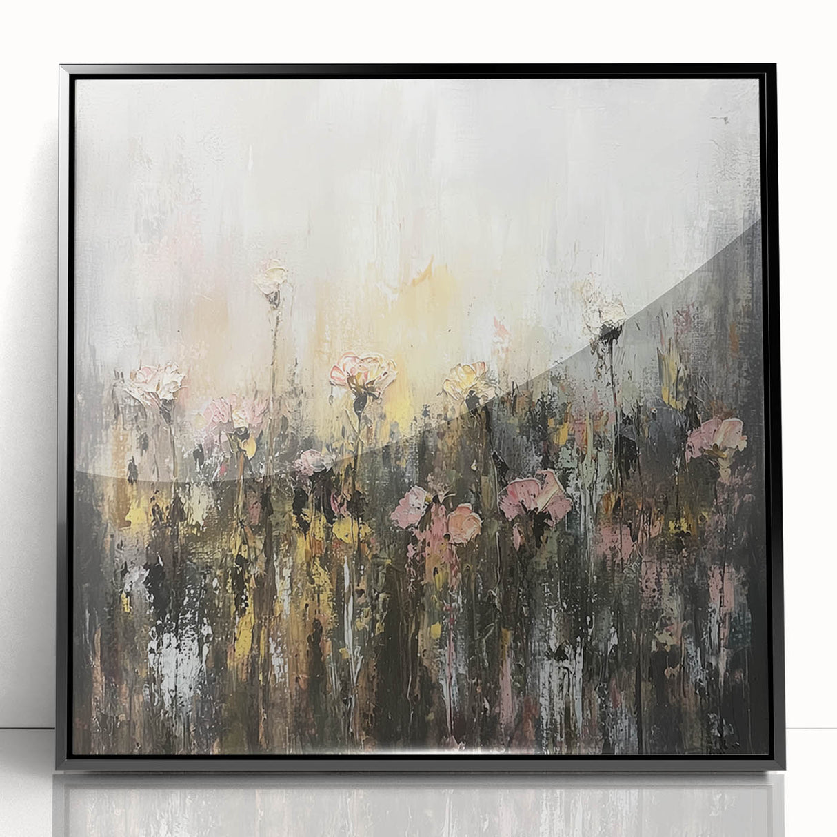 Framed acrylic artwork showcasing an abstract floral design in vibrant colors, set against a sleek black frame, ideal for modern home decor.