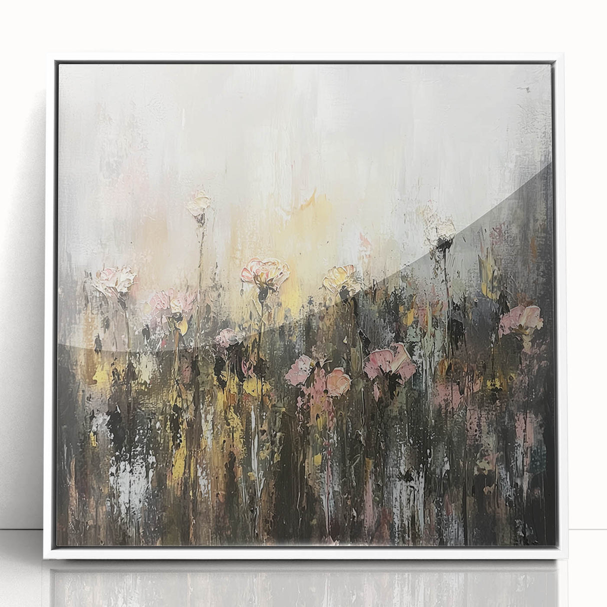 Framed acrylic artwork showcasing vibrant abstract florals in a modern white frame, adding a contemporary touch to any living space or office decor.