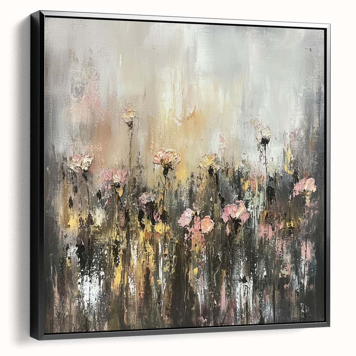 Framed canvas art showcasing an abstract floral design with vibrant colors on a black background, viewed from the side, ideal for modern home decor.