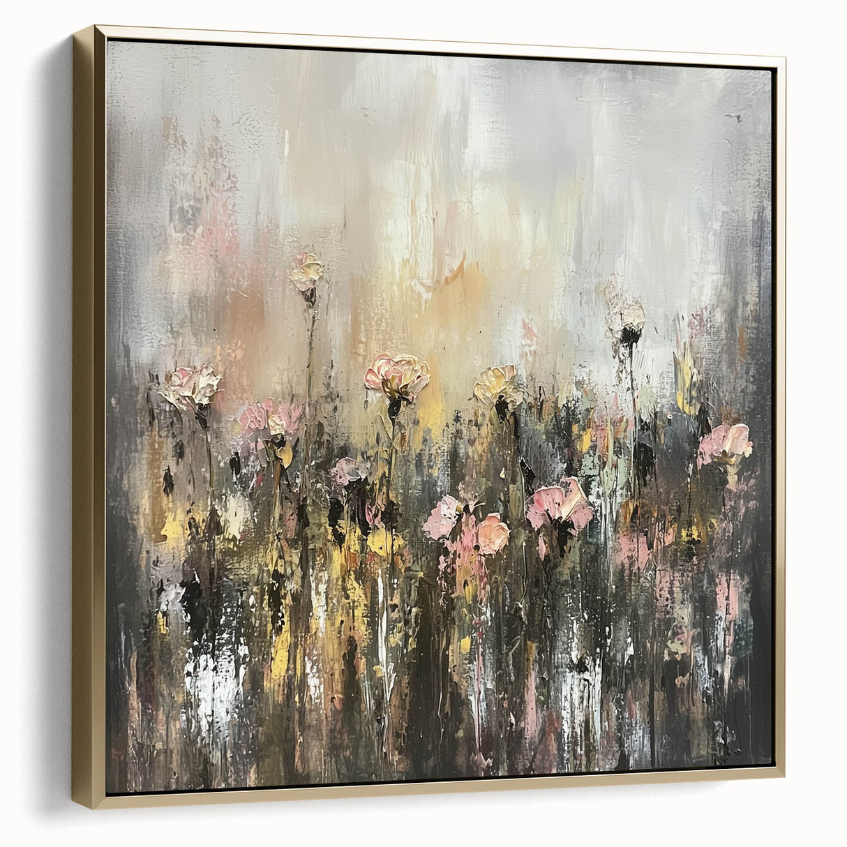 Framed canvas artwork showcasing an abstract floral design in silver and gold tones, elegantly displayed against a neutral background, perfect for home decor enhancement.